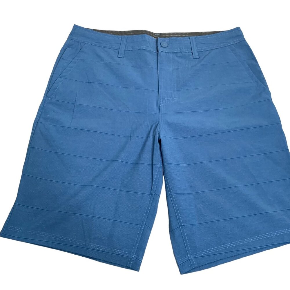 Hang Ten Flat Front Athletic Shorts 34 Blue Mesh Zip Pockets Button Belt Loops